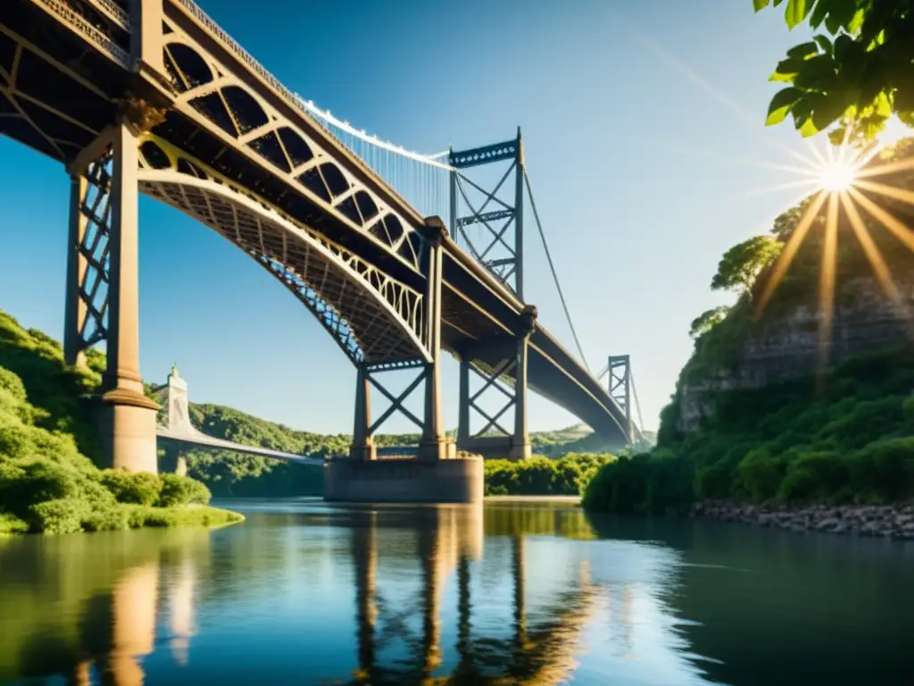 Mantenimiento predictivo puentes realidad aumentada: Majestuoso puente sobre río, luz solar entre vigas de acero y paisaje exuberante