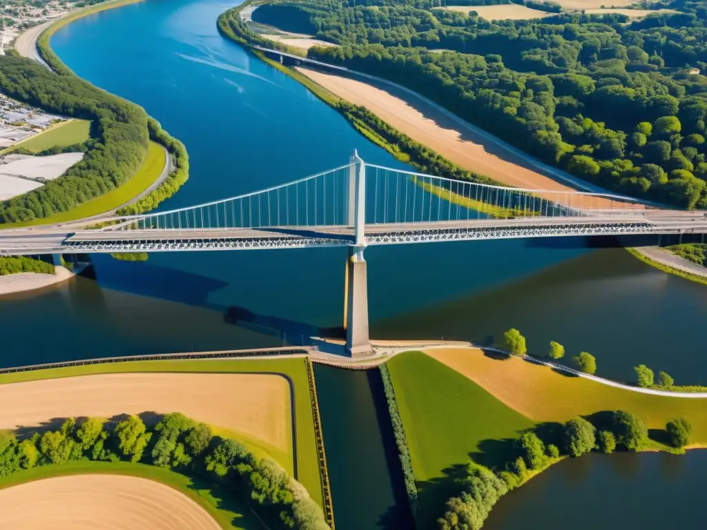 Mantenimiento predictivo de puentes con realidad aumentada: impresionante vista aérea de un imponente puente sobre un río, con sombras dinámicas