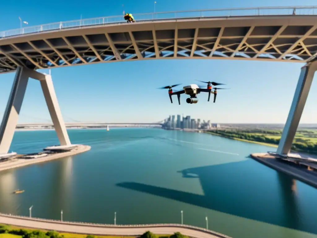 Mantenimiento de puentes extremos con drones: Inspección detallada de la estructura del puente con alta tecnología y juego de luces y sombras