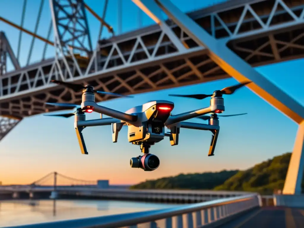 Mantenimiento de puentes extremos con drones: Avanzada tecnología capturando detalles de una estructura metálica frente a un vibrante atardecer