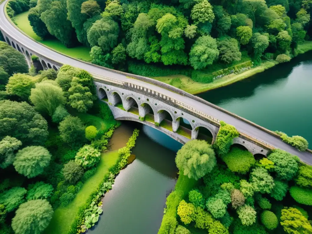 Mantenimiento de puentes extremos con drones: vista aérea de un histórico puente con detalles arquitectónicos y paisaje sereno