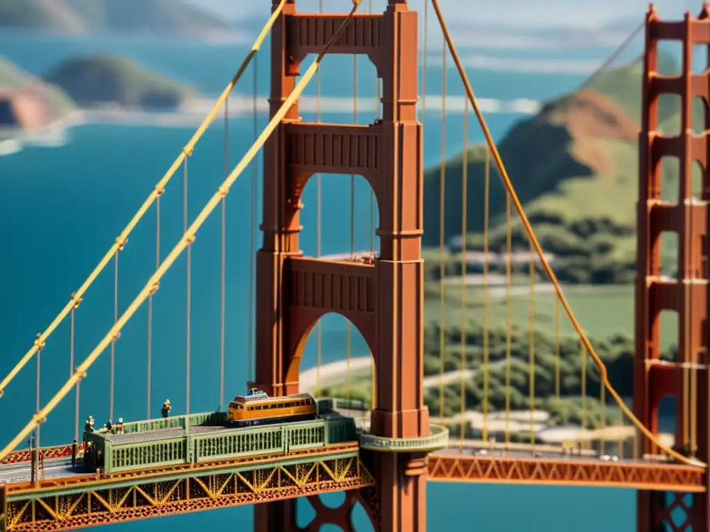 Maqueta detallada del icónico Puente Golden Gate, mostrando precisión en la construcción y realismo en la replicación de la estructura