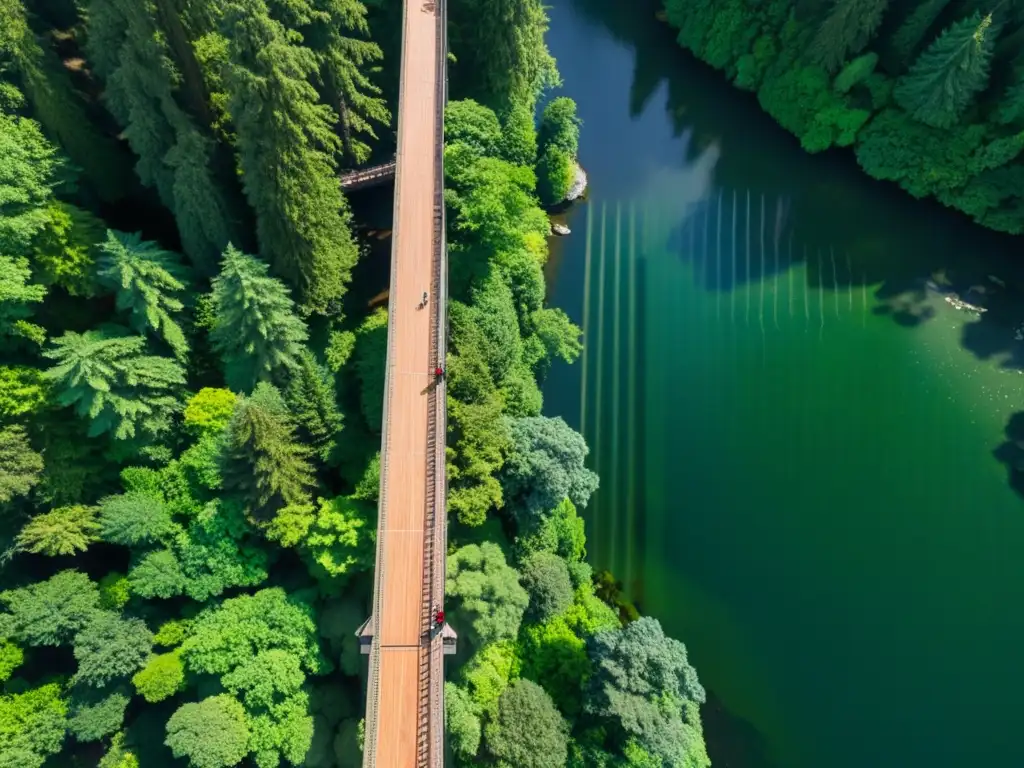 Maravilla natural: Puente de Capilano sobre el río, rodeado de exuberante vegetación y montañas al fondo