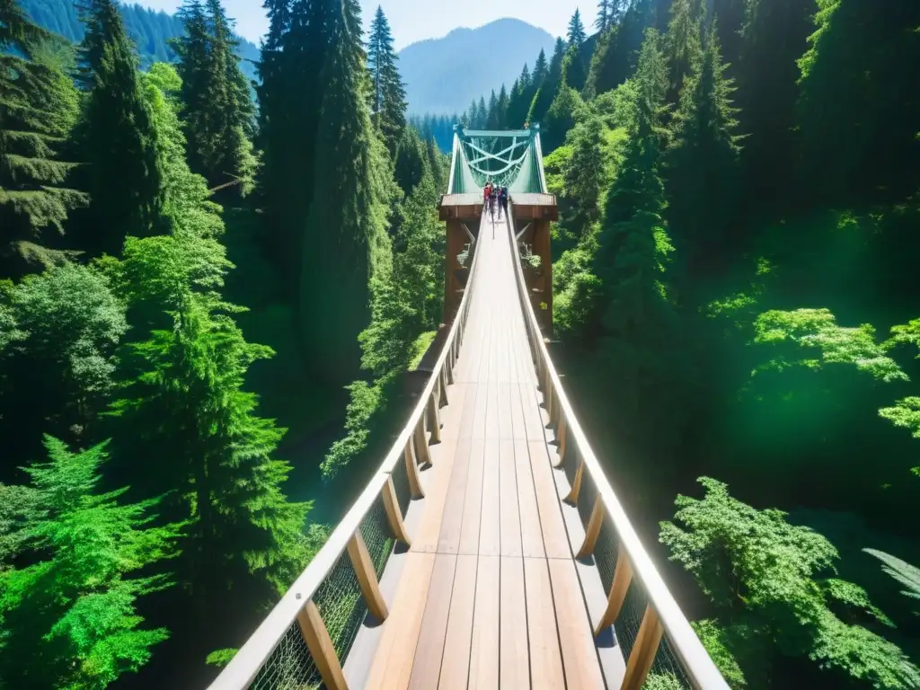 Maravilla natural: Puente de Capilano en el bosque con río, visitantes y luz filtrada