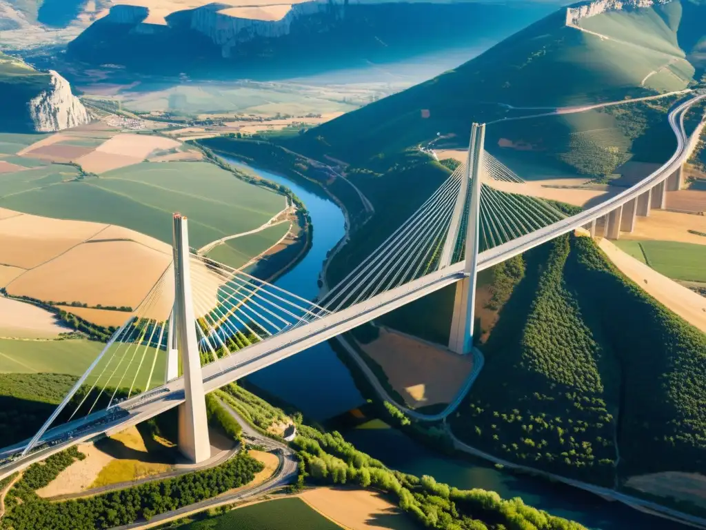 Maravilla técnica Puente Millau Francia: Vista aérea del puente bañado por la cálida luz dorada, destacando su elegante diseño y imponentes pilones