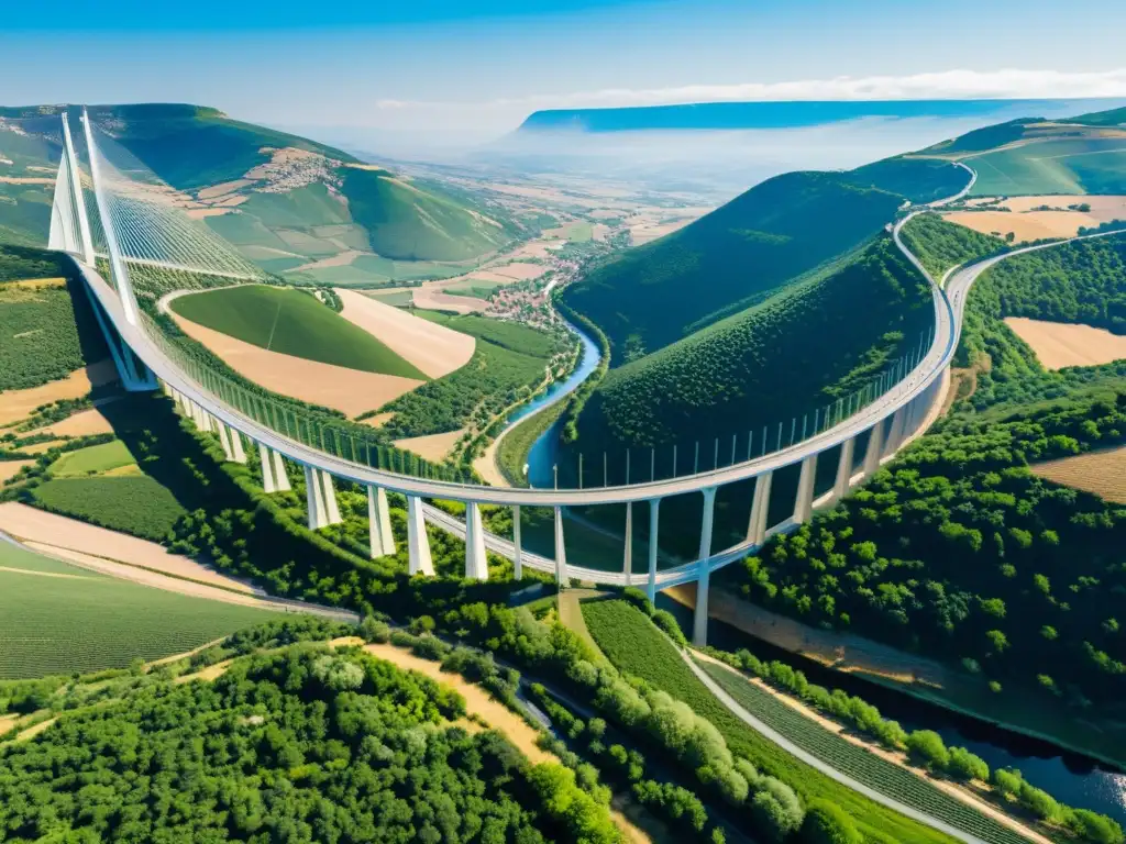 Maravilla técnica: puente Millau en Francia, una estructura imponente y elegante que se eleva sobre el paisaje ondulado, bañada por la luz del sol