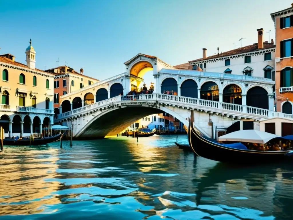 Maravillosa pintura al agua del icónico Puente de Rialto en Venecia, con detalles arquitectónicos y juego de luces