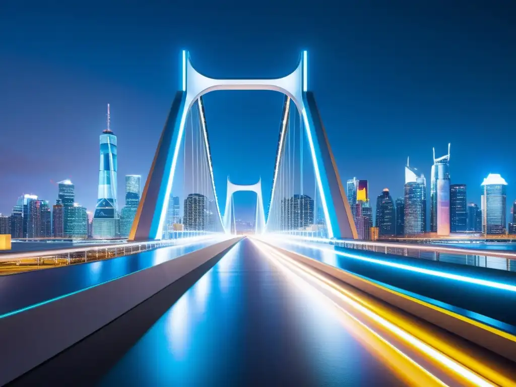 Materiales de vanguardia en la construcción de puentes: puente futurista iluminado por luces LED, integración tecnológica y diseño innovador