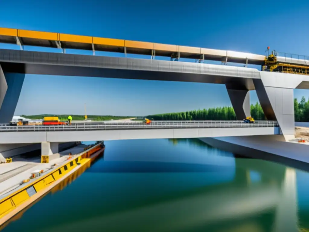 Materiales vanguardia construcción puentes: Avanzada construcción de puente con materiales innovadores y tecnología de punta