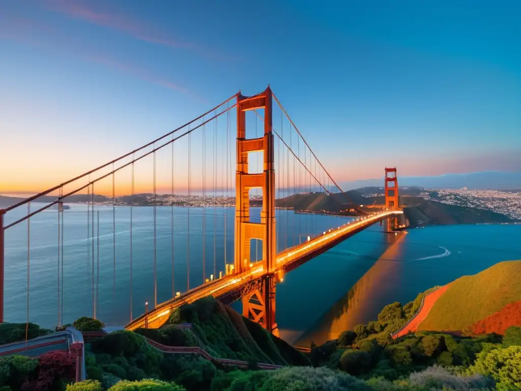 El mítico Puente Golden Gate se alza majestuoso bajo un atardecer vibrante, reflejando su influencia en las creencias populares