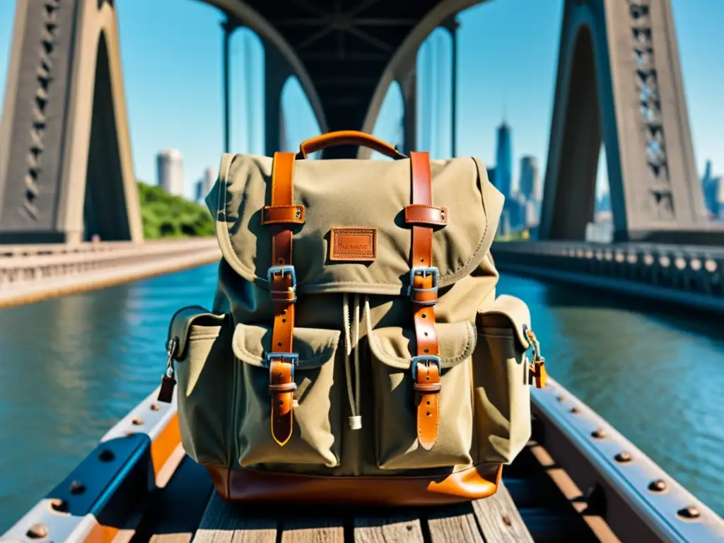 Una mochila para aventureros fotográficos descansa abierta, revelando equipo de fotografía, mientras un icónico puente se alza al fondo