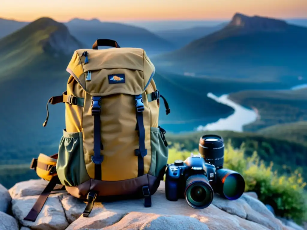 Una mochila para aventureros fotográficos descansa en un acantilado rocoso, lista para capturar la belleza de la naturaleza en la mañana dorada