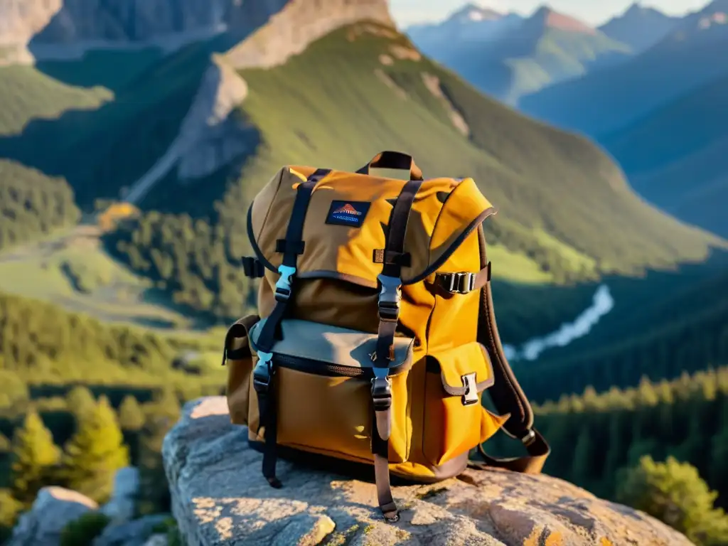 Mochila para aventureros fotográficos con equipamiento organizado, en escenario montañoso y luz cálida del amanecer