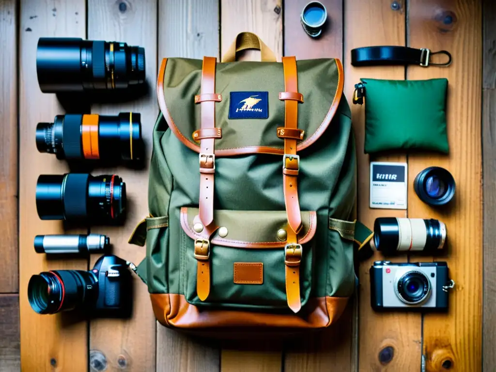 Una mochila de fotógrafo desgastada sobre una mesa de madera, con ropa meticulosamente doblada, cámara compacta, lentes y accesorios de fotografía