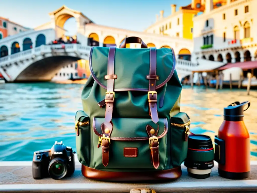 La mochila del fotógrafo en el puente de Rialto, Venecia, revela accesorios fotográficos organizados