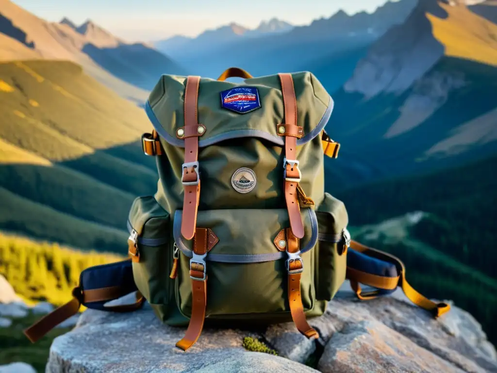 Mochila resistente con equipo de cámaras ordenado, frente a un paisaje montañoso