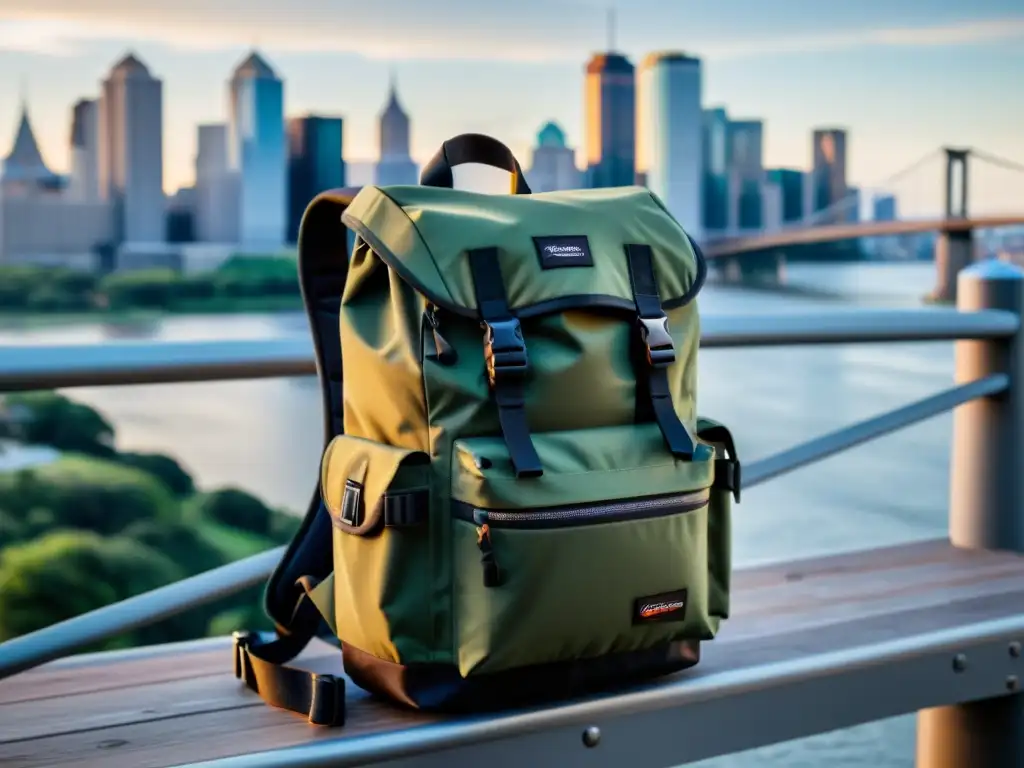 Mochilas para aventureros fotográficos: Una mochila resistente con equipo fotográfico organizado, en un puente panorámico con luz dinámica