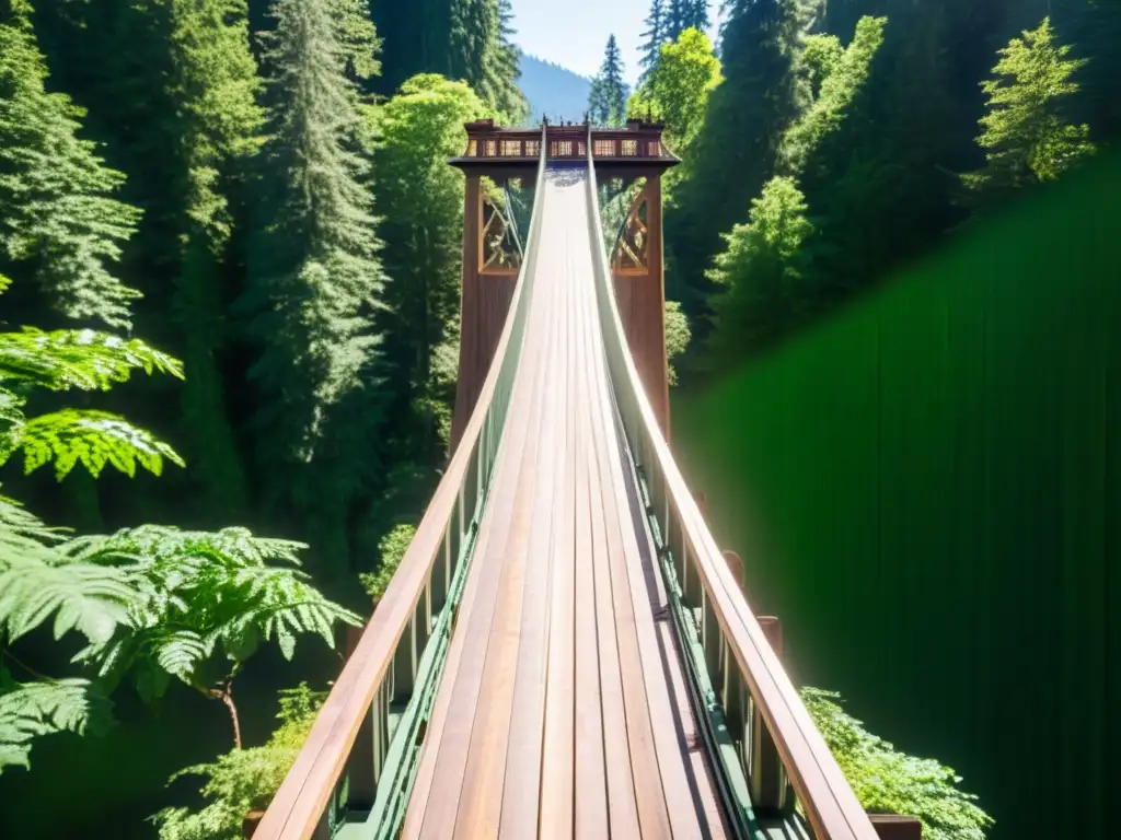 Modelado 3D del Puente Colgante de Capilano: Detalles realistas de la textura de cables, madera y vegetación, con sombras y luz solar