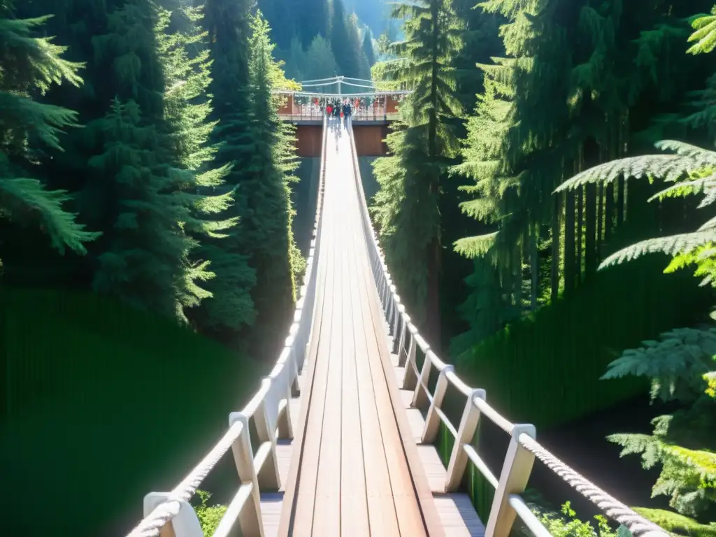 Modelado 3D del Puente Colgante de Capilano: una imagen inmersiva con detalles del puente, visitantes y entorno natural bañado por la luz del sol