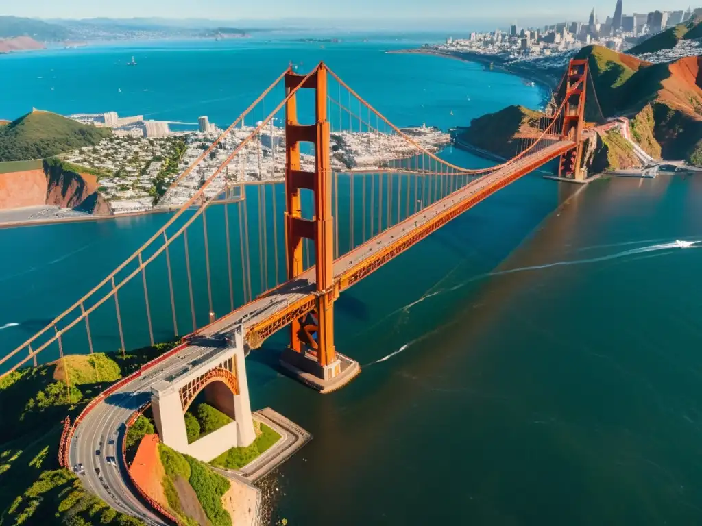 Modelado 3D puentes diseño asistido: Increíble vista aérea del icónico puente Golden Gate en San Francisco, resaltando sus detalles y belleza natural