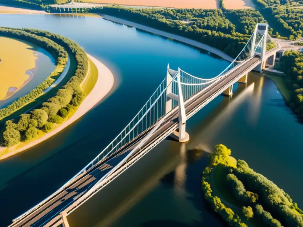 Modelado 3D puentes innovadores: Puente moderno sobre río, con sombras y reflejos, integrándose con elegancia en el paisaje