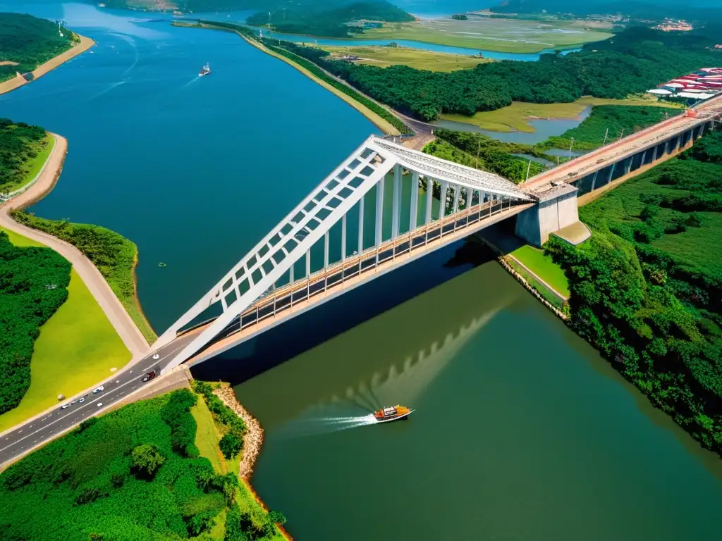 Modelado tridimensional del majestuoso Puente de las Américas sobre el Canal de Panamá, con su intrincada estructura de celosía y pilares de concreto