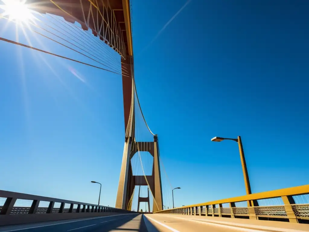 Modelado tridimensional del Puente de las Américas, resaltando su belleza y detalles arquitectónicos bajo la cálida luz del sol y el cielo azul claro