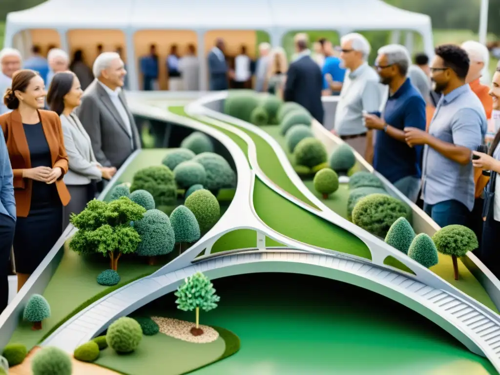 Modelo de puente futurista con elementos innovadores y espacios verdes, exhibido en evento comunitario