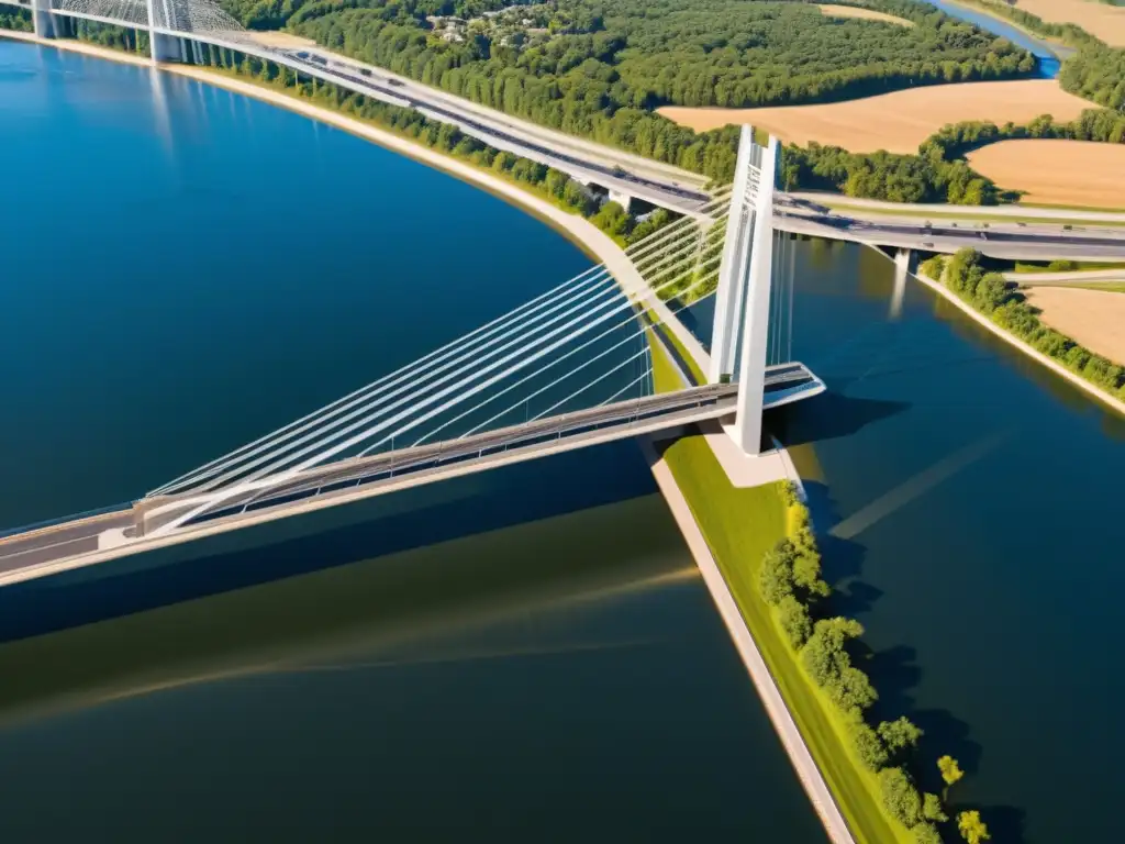 Modelos de puentes para enseñanza: Puente moderno sobre un amplio río, con cables y diseño contemporáneo, reflejos de luz y paisaje urbano-natural