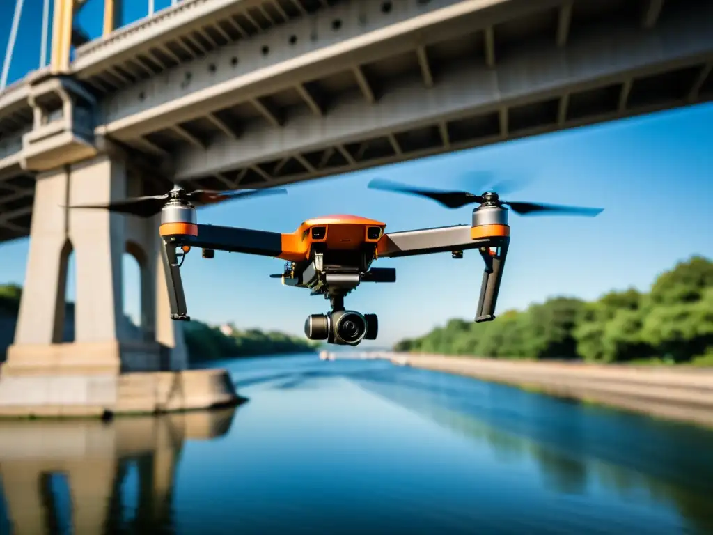 Un moderno dron inspecciona detalladamente la infraestructura de un puente, demostrando la integración de drones en monitoreo de puentes