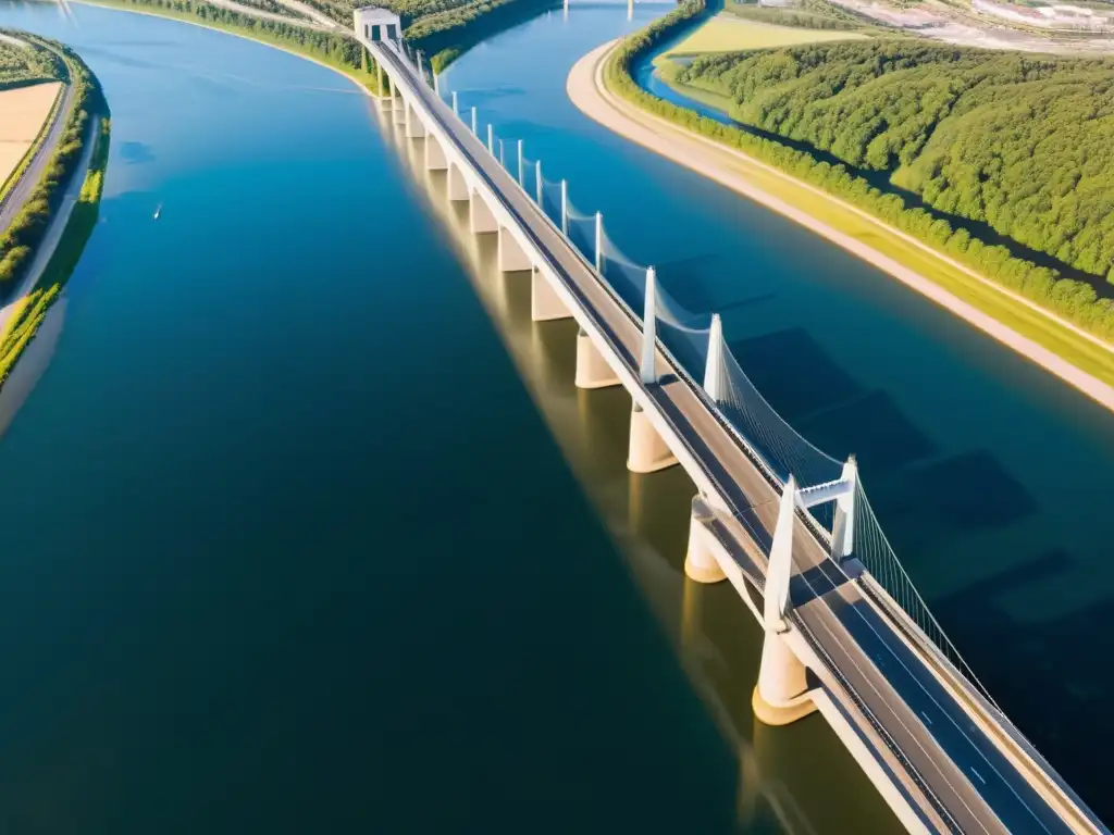 Un moderno puente arquitectónico sobre un río, con patrones geométricos de cables de acero y pilares de concreto