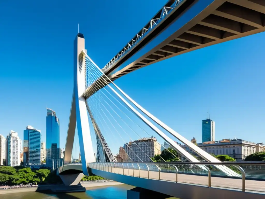 El moderno Puente de la Mujer en Buenos Aires destaca por su innovador diseño y su mecanismo giratorio, en contraste con el dinámico paisaje urbano