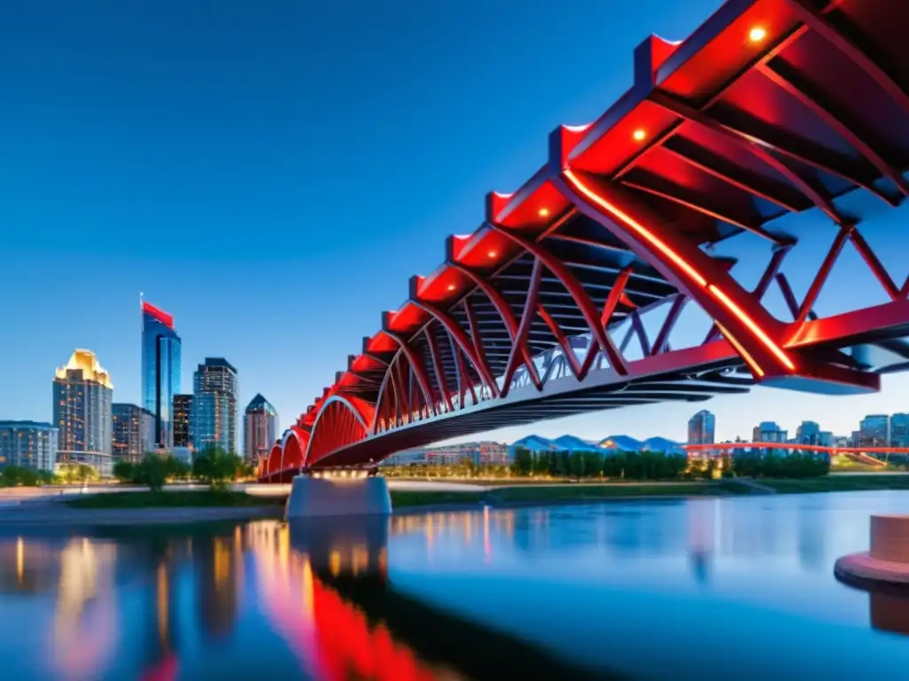 El moderno Puente de la Paz en Calgary destaca con su elegante diseño rojo, en contraste con el paisaje urbano al atardecer