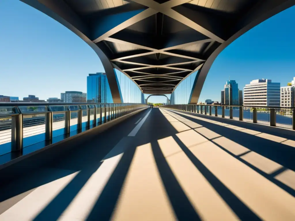 Un moderno puente peatonal se curva sobre la bulliciosa ciudad, bañado por cálida luz, integrándose de forma creativa en el paisaje urbano