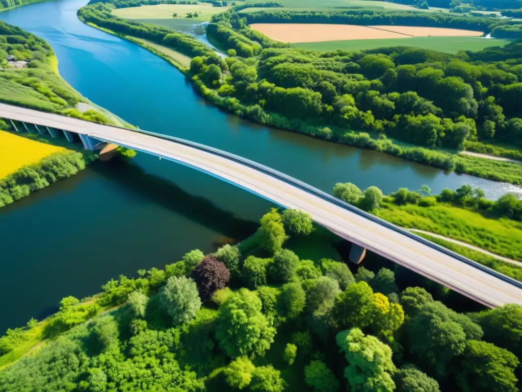 Un moderno puente sobre un río con prevención de erosión del suelo, rodeado de exuberante vegetación y flores silvestres coloridas