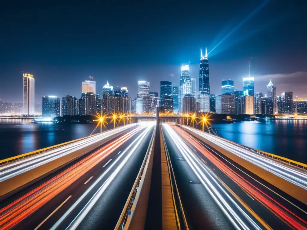 Fotografía de larga exposición capturando el movimiento de carros en un puente urbano de noche, reflejado en el agua