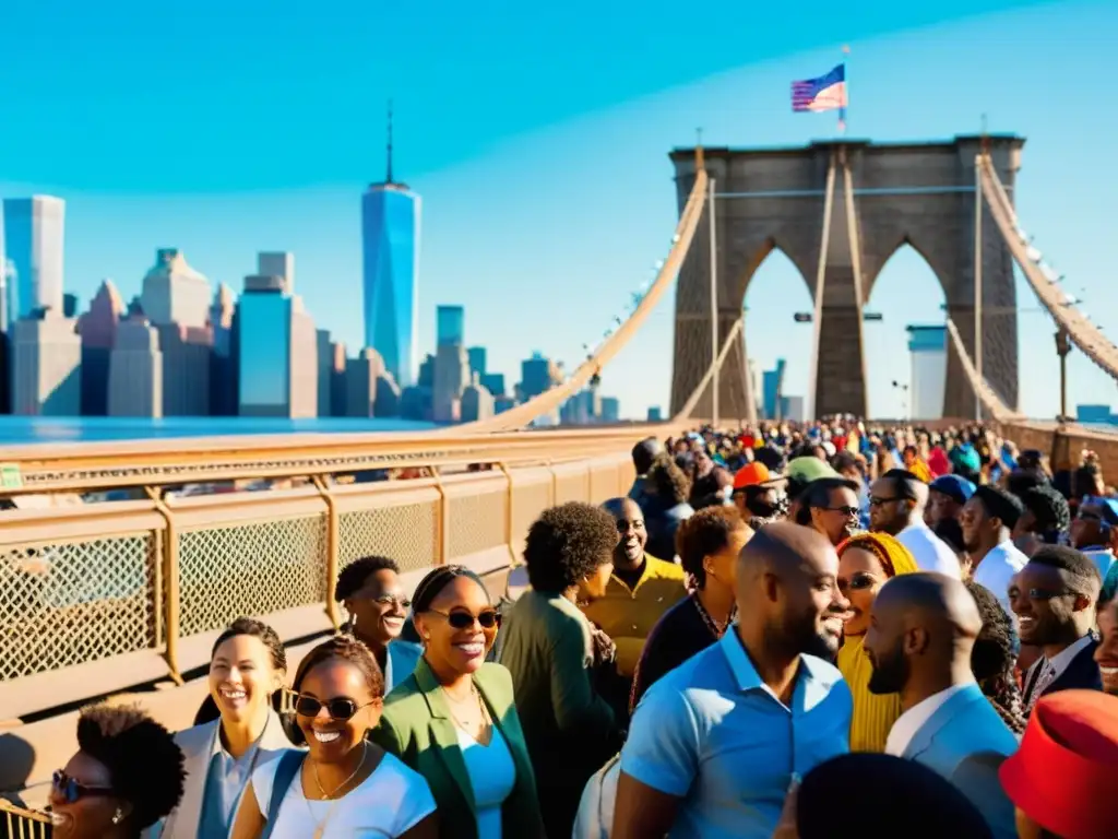 Multitud diversa disfrutando de un vibrante evento cultural en el icónico Puente de Brooklyn, con música y arte