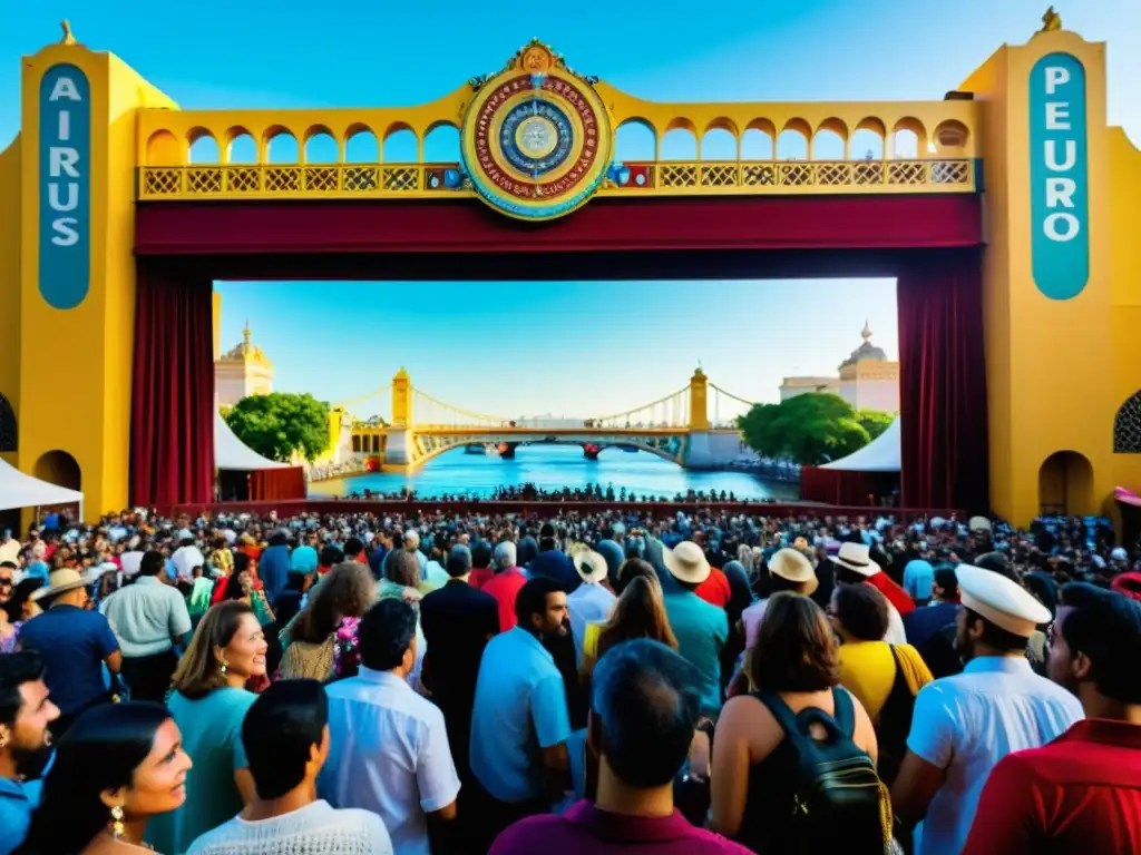 Multitud festiva en el Puente de los Suspiros, fusionando tradición y creatividad en festivales de teatro