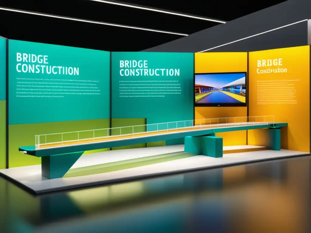 Exhibición en museo de avances tecnológicos en construcción de puentes, con diseños detallados, materiales y modelos interactivos