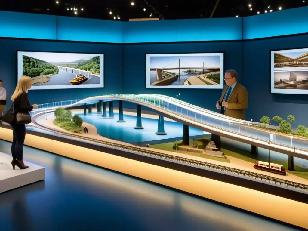 Exhibición en museo sobre avances tecnológicos en la construcción de puentes, con modelos detallados e interactivos