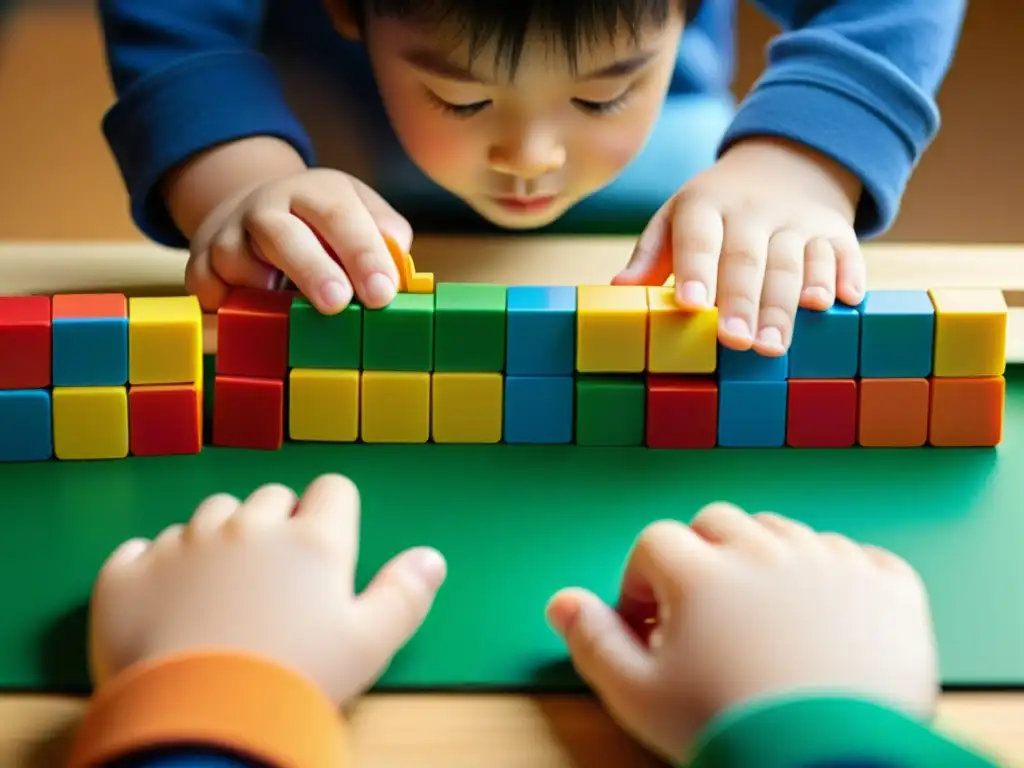 Un niño concentradamente construye un puente de juguete con bloques coloridos, mostrando ingenio y creatividad