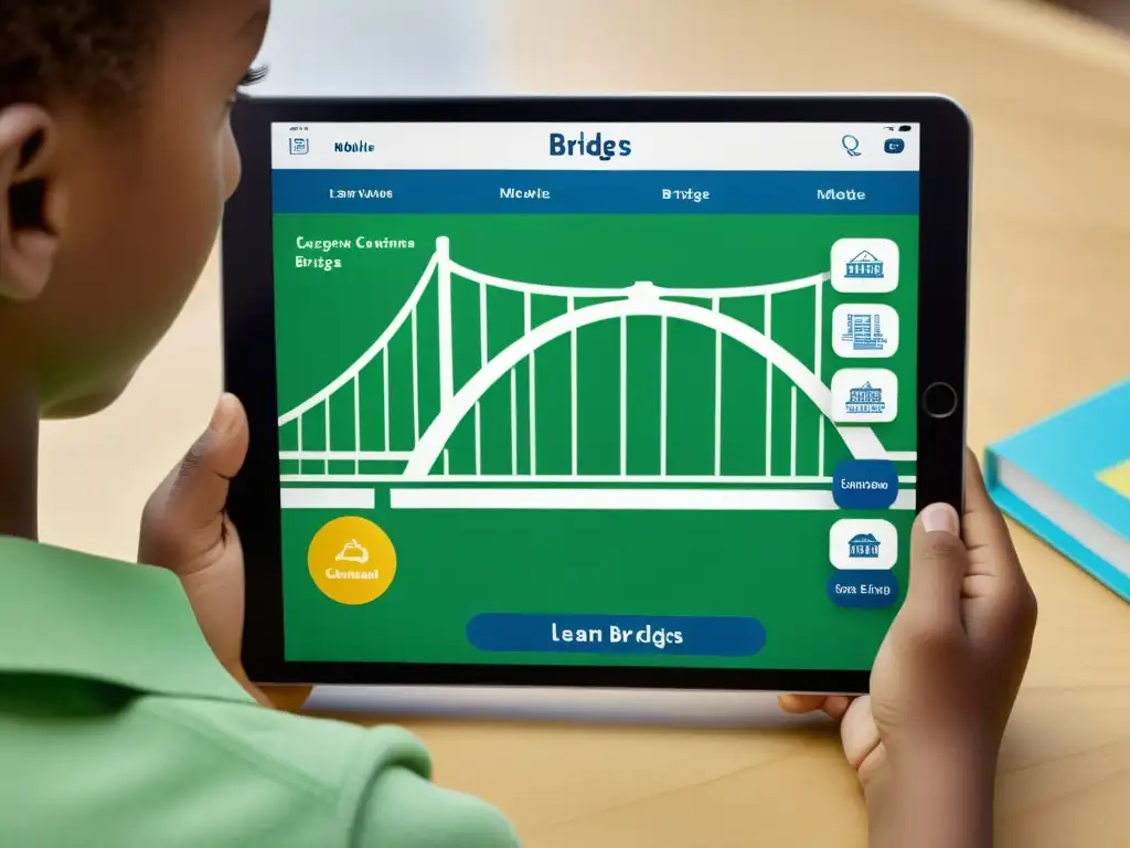 Niño emocionado aprendiendo sobre puentes icónicos mediante una app educativa sobre puentes en tablet