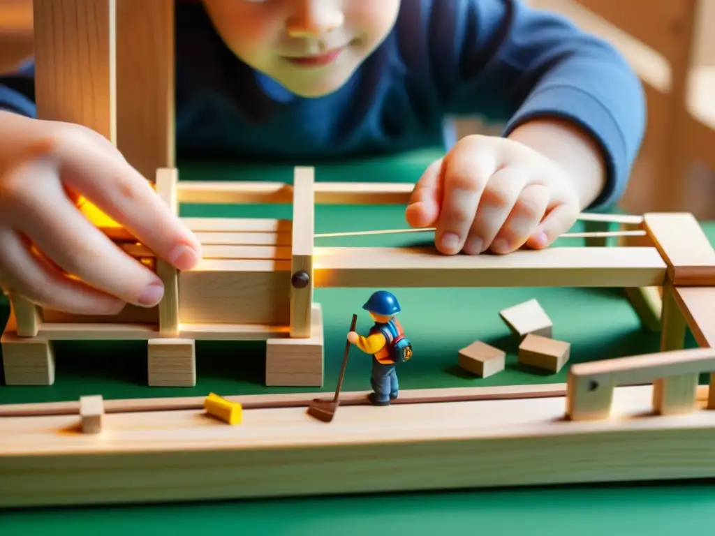 Un niño construye un puente de juguete detalladamente, con herramientas y equipo de seguridad cerca