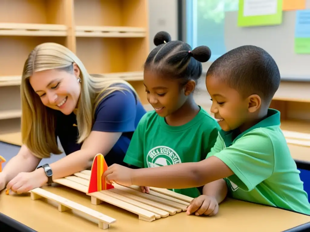 Niños y educadores construyen puentes con palitos y pegamento en emocionante actividad de juegos educativos construcción puentes