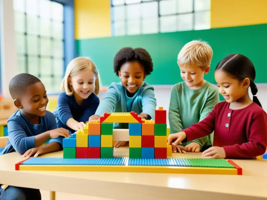 Niños construyen un puente con bloques educativos en un aula luminosa, fomentando la colaboración y la creatividad