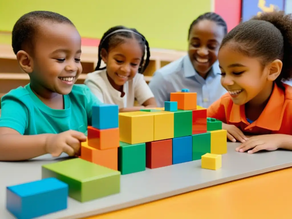 Niños construyendo puentes de juguete en un taller creativo, guiados por un adulto sonriente