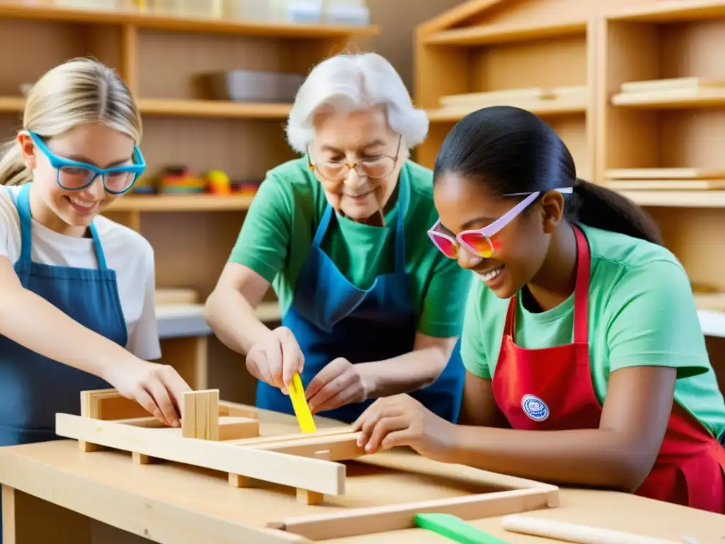 Niños construyendo puentes de juguete en taller creativo, bajo la guía de un instructor