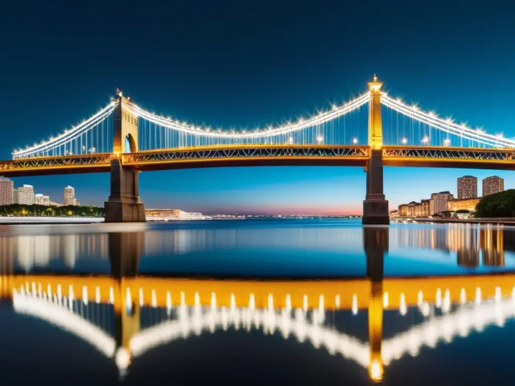 Fotografía nocturna de un puente iluminado con luces coloridas reflejadas en el agua, rodeado por el imponente paisaje urbano