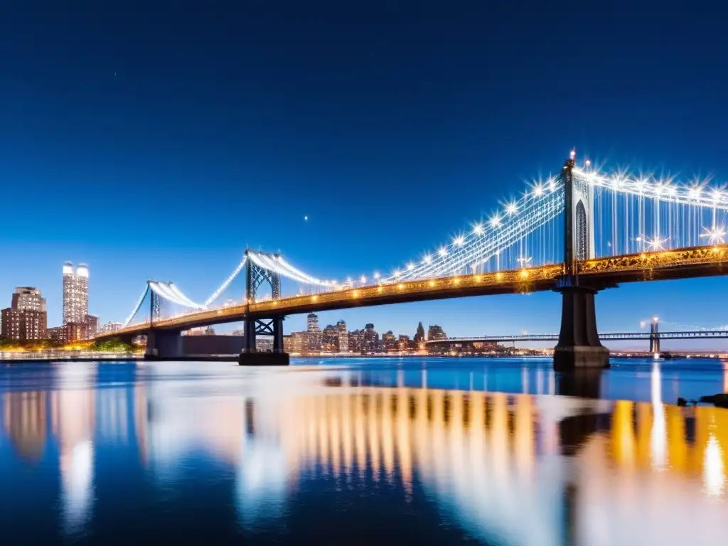 Fotografía nocturna del Puente Williamsburg: majestuosa estructura de acero iluminada por luces cálidas, reflejada en el río, con la ciudad de fondo