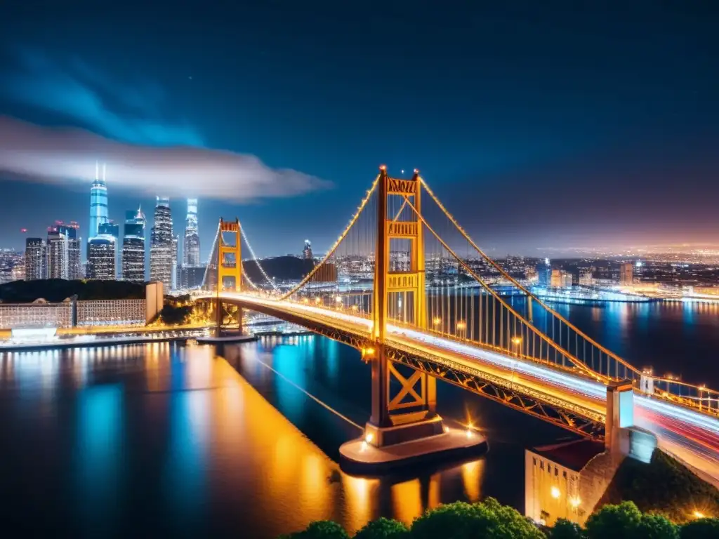 Fotografía nocturna de puentes icónicos en una ciudad iluminada con luces vibrantes y un reflejo brillante en el agua